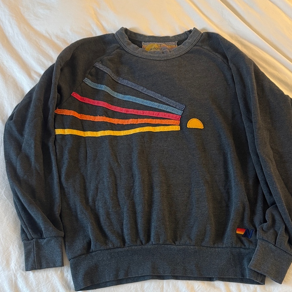Aviator Nation Navy Sweatshirt with Colorful Stripes Size Small